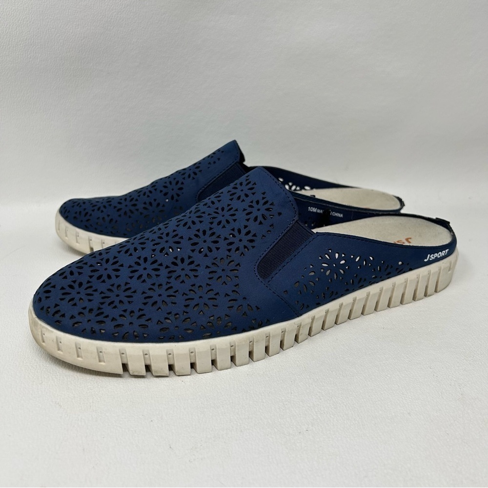 JSport Ladies Size 10 Floral Slip on Mule Shoe, Navy Blue